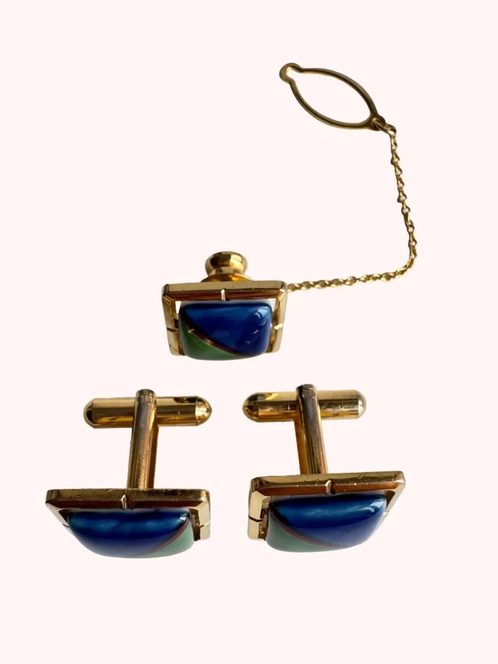 Vintage Gen Marked Cufflinks Tie Tack Blue Green Porcelain Gold Tone Square Gift